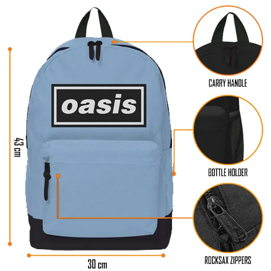 Sac à dos Oasis bleu clair, vue avant avec détails dimensions et poches.