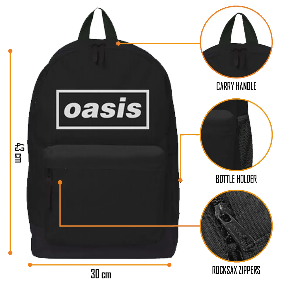 Black backpack with white Oasis logo – front view