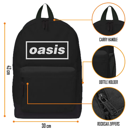Black backpack with white Oasis logo – front view