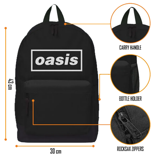 Black backpack with white Oasis logo – front view