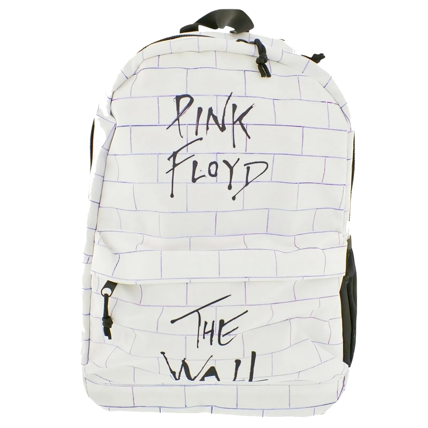 Sac à dos Pink Floyd The Wall blanc avec motif mur de briques et logo noir.