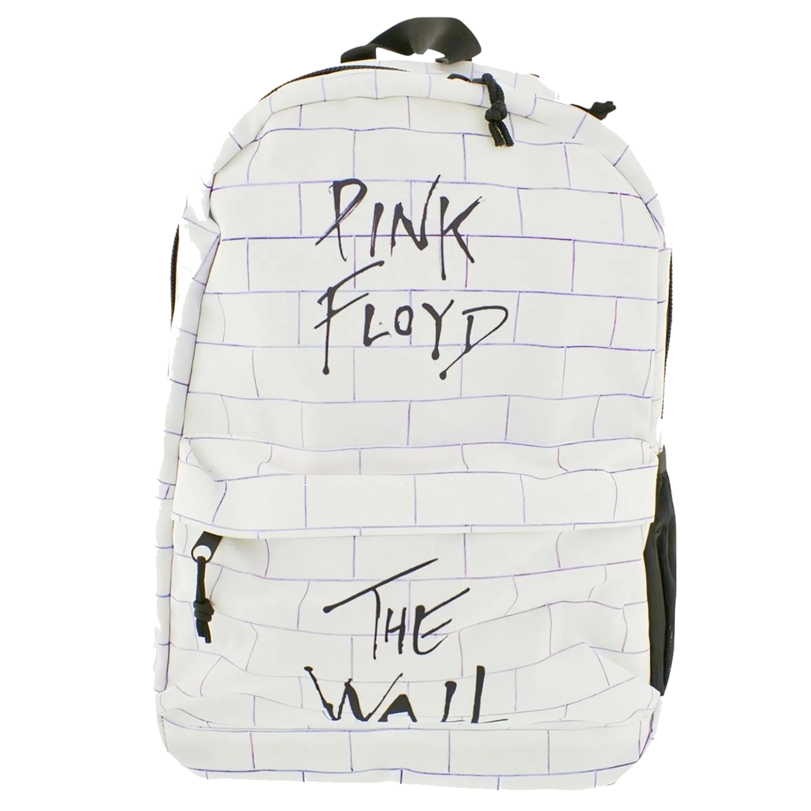 Sac à dos Pink Floyd The Wall blanc avec motif mur de briques et logo noir.