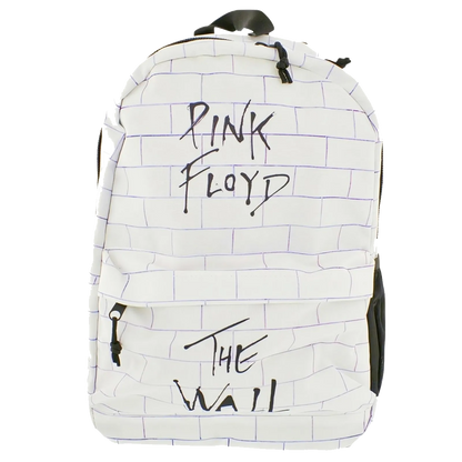 Sac à dos Pink Floyd The Wall blanc avec motif mur de briques et logo noir.