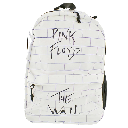 Sac à dos Pink Floyd The Wall blanc avec motif mur de briques et logo noir.