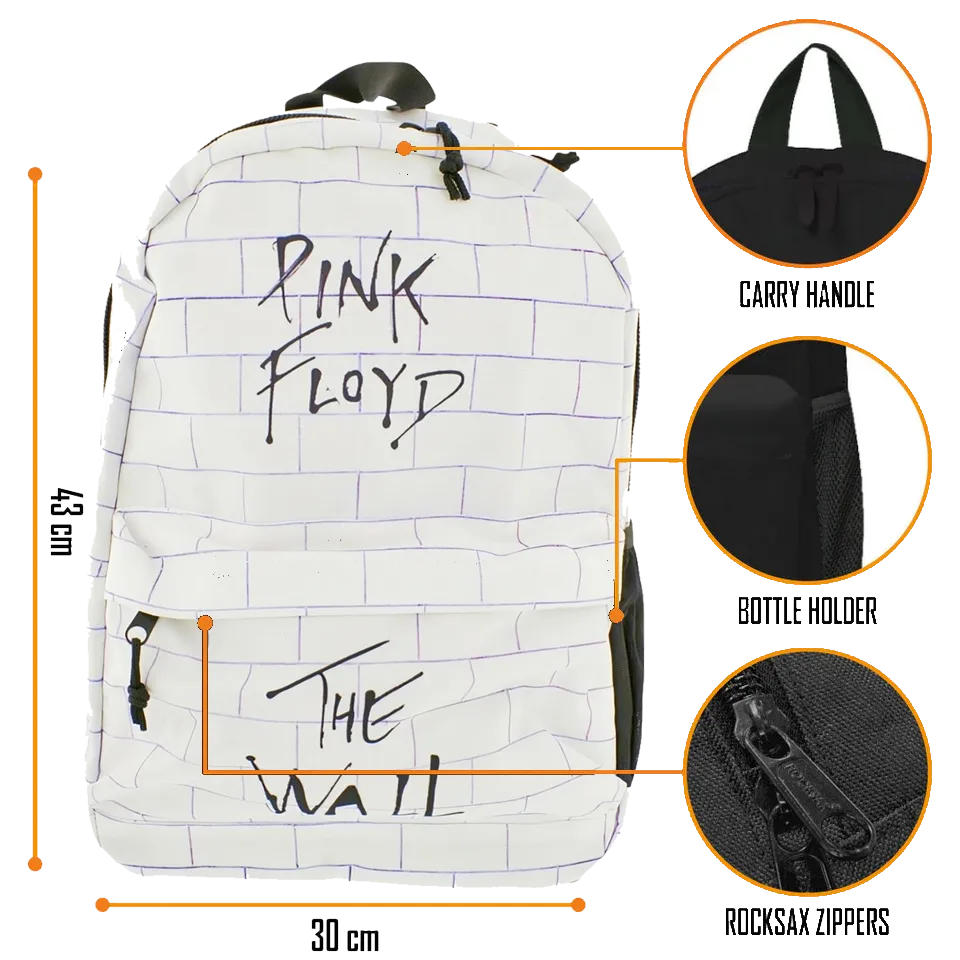 Sac à dos Pink Floyd The Wall avec détails : poignée, porte-bouteille et zip robuste.