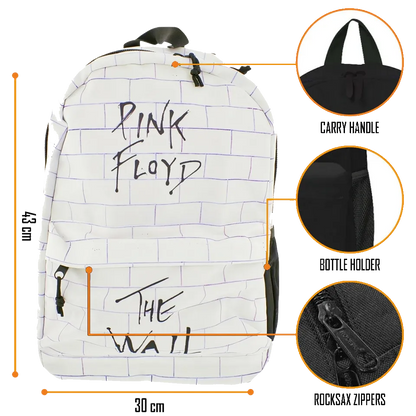 Sac à dos Pink Floyd The Wall avec détails : poignée, porte-bouteille et zip robuste.