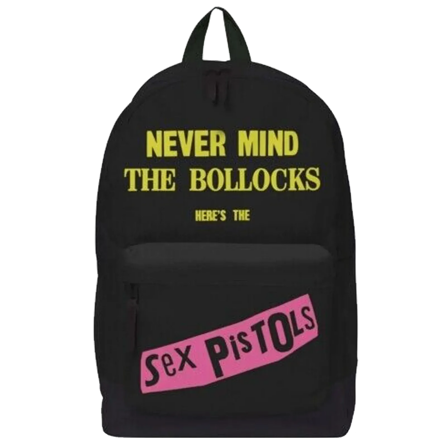 Sac à dos Sex Pistols Never Mind the Bollocks punk rock noir avec logo jaune et rose