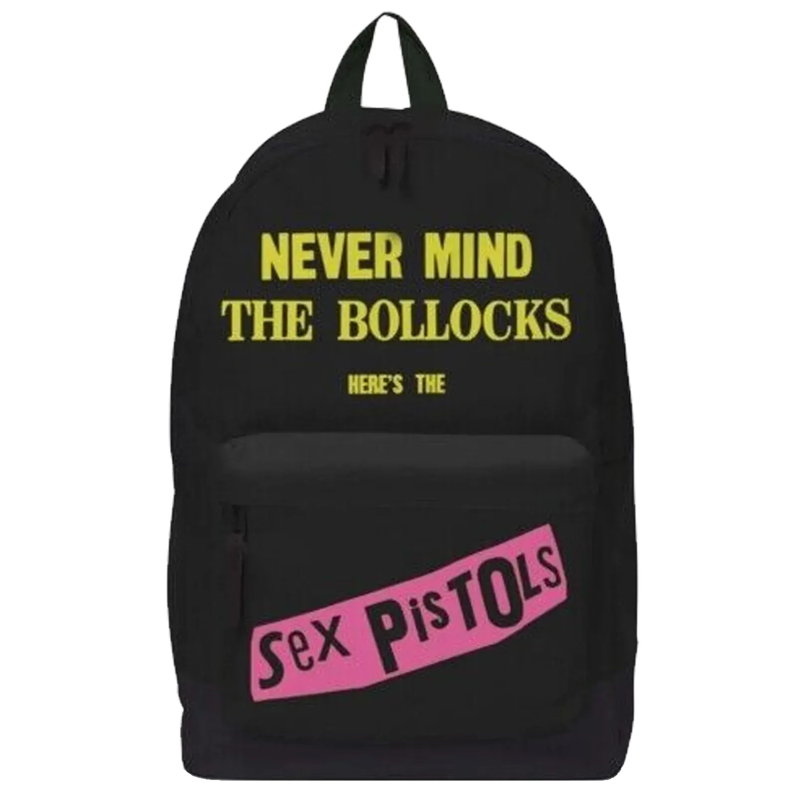 Sac à dos Sex Pistols Never Mind the Bollocks punk rock noir avec logo jaune et rose