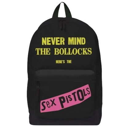 Sac à dos Sex Pistols Never Mind the Bollocks punk rock noir avec logo jaune et rose