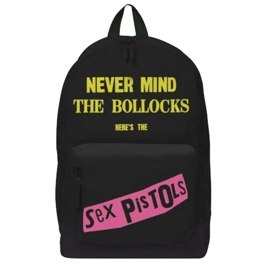 Sac à dos Sex Pistols Never Mind the Bollocks punk rock noir avec logo jaune et rose
