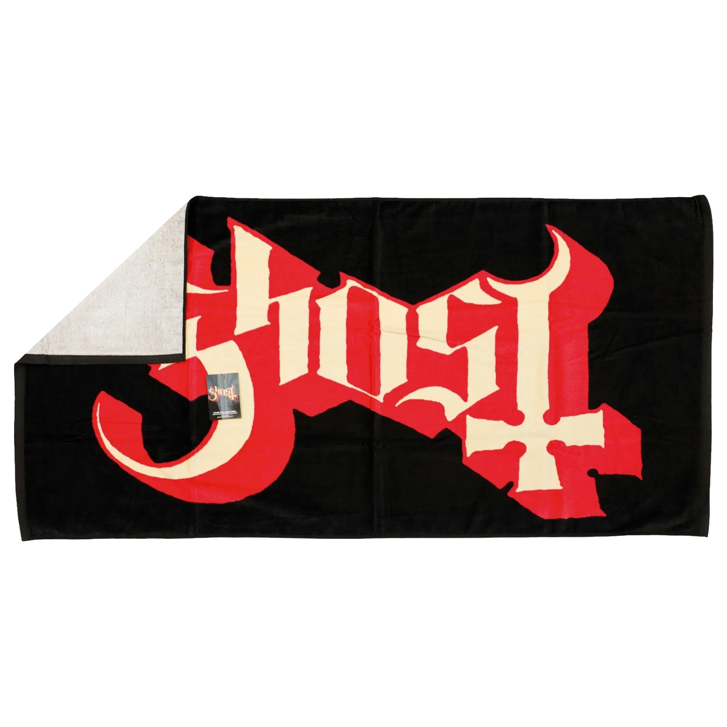 Serviette Ghost – détail du tissu et logo et verso