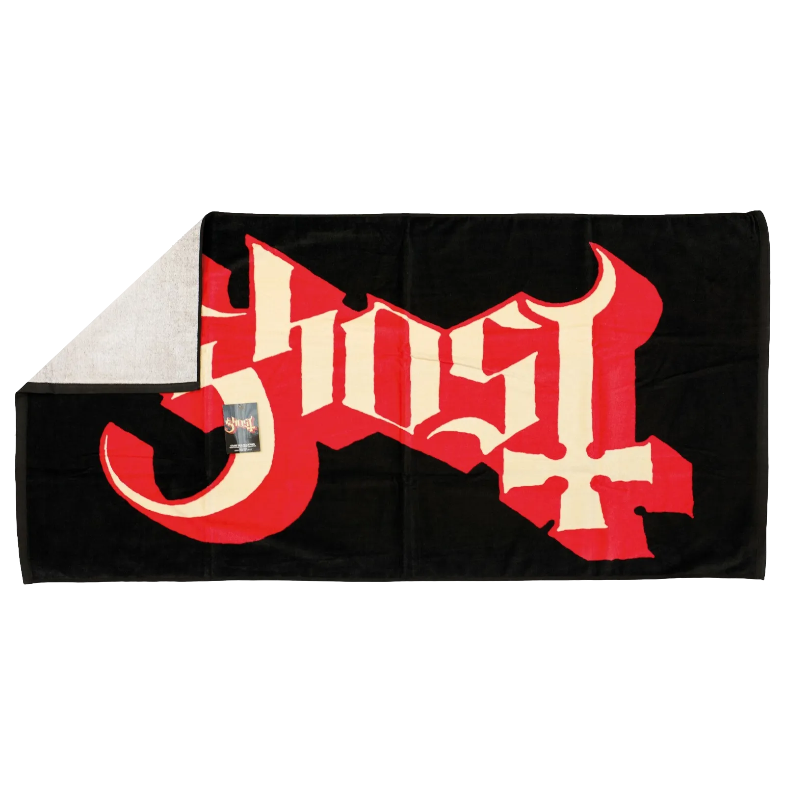 Serviette Ghost – détail du tissu et logo et verso