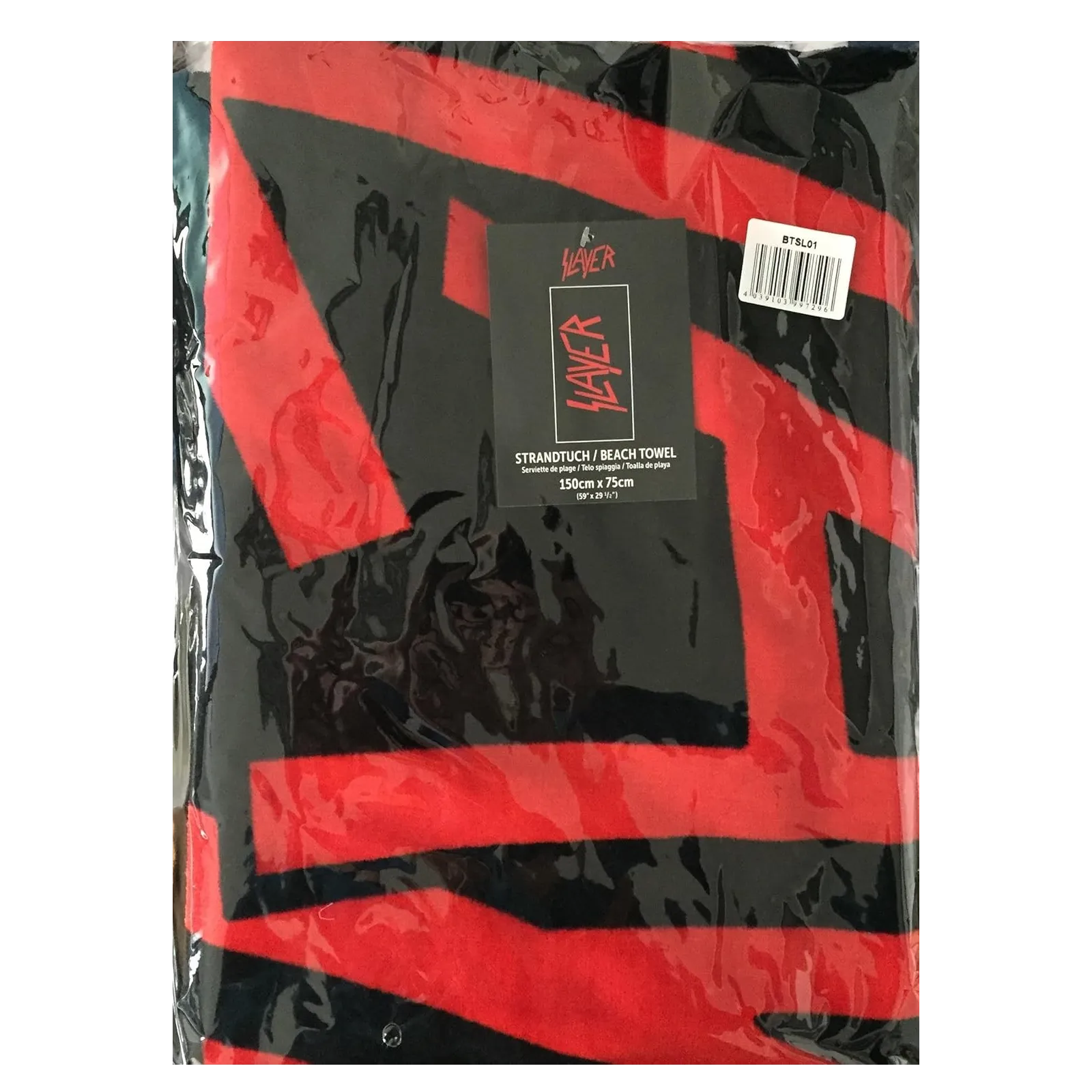 Serviette Slayer coton noir et rouge vue pliée et emballée