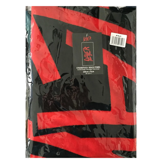 Serviette Slayer coton noir et rouge vue pliée et emballée