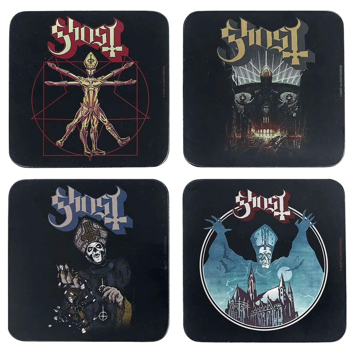 Sous-bocks Ghost - Set de 4 motifs officiels (Vitruve, Papa Emeritus, Opus Eponymous, Meliora)
