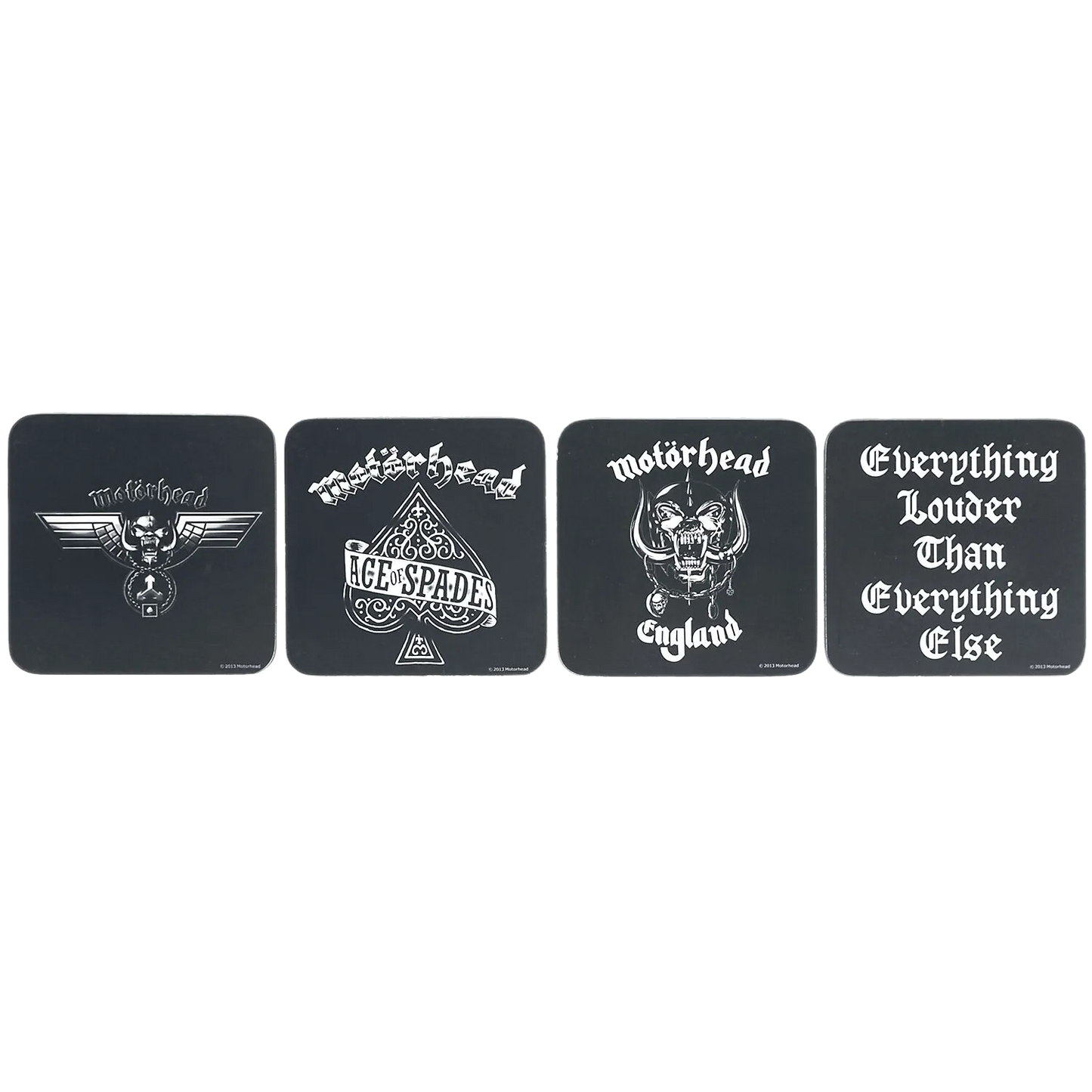 Sous-bocks Motörhead alignés – modèles Ace of Spades, England, logo ailé et slogan Everything Louder Than Everything Else