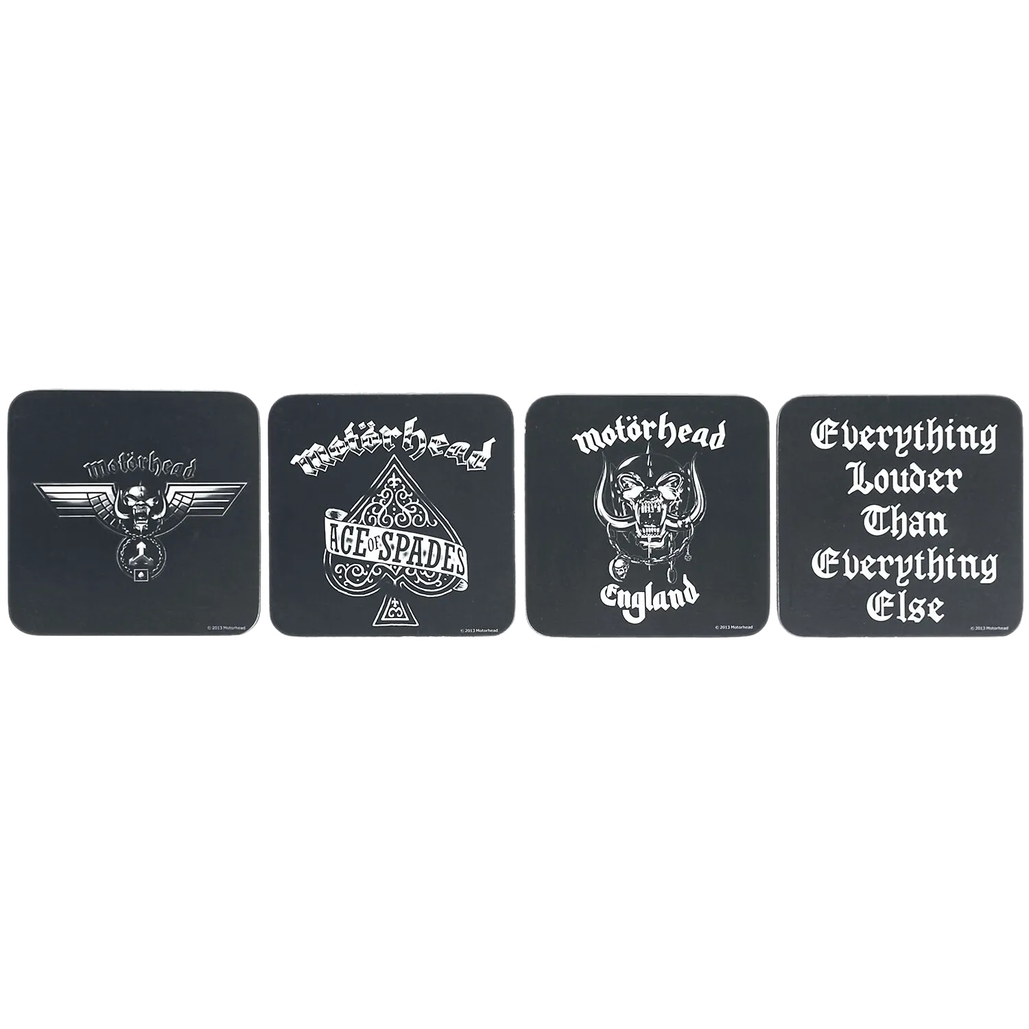 Sous-bocks Motörhead alignés – modèles Ace of Spades, England, logo ailé et slogan Everything Louder Than Everything Else