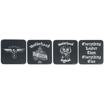 Sous-bocks Motörhead alignés – modèles Ace of Spades, England, logo ailé et slogan Everything Louder Than Everything Else