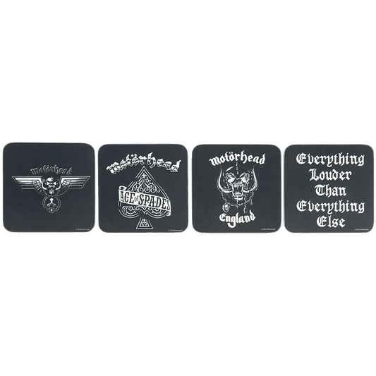 Sous-bocks Motörhead alignés – modèles Ace of Spades, England, logo ailé et slogan Everything Louder Than Everything Else