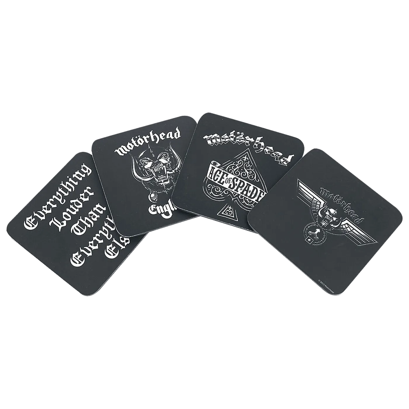 Sous-bocks Motörhead en éventail avec logos emblématiques du groupe et slogan culte