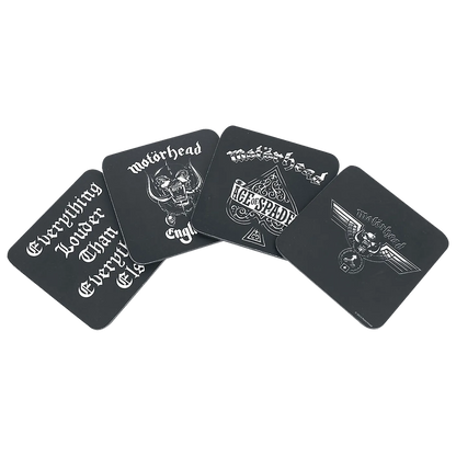 Sous-bocks Motörhead en éventail avec logos emblématiques du groupe et slogan culte