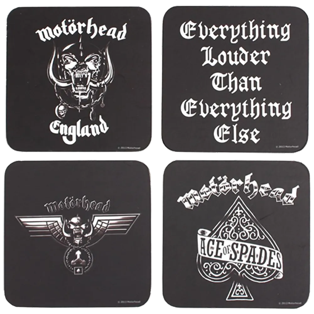 Set de 4 sous-bocks Motörhead officiels avec visuels England, Ace of Spades, Everything Louder Than Everything Else et logo ailé