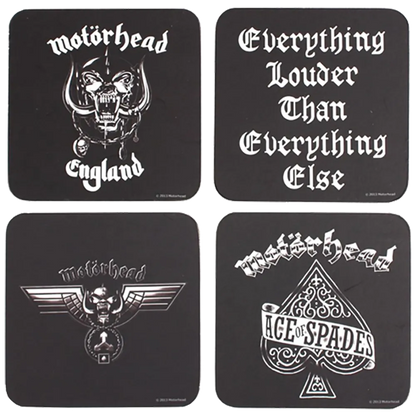 Set de 4 sous-bocks Motörhead officiels avec visuels England, Ace of Spades, Everything Louder Than Everything Else et logo ailé