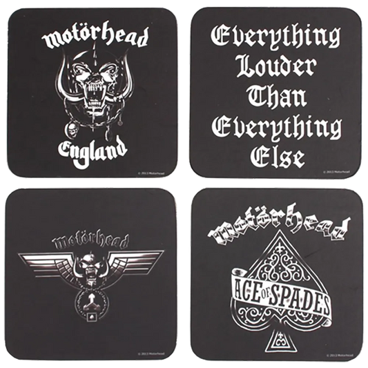 Set de 4 sous-bocks Motörhead officiels avec visuels England, Ace of Spades, Everything Louder Than Everything Else et logo ailé