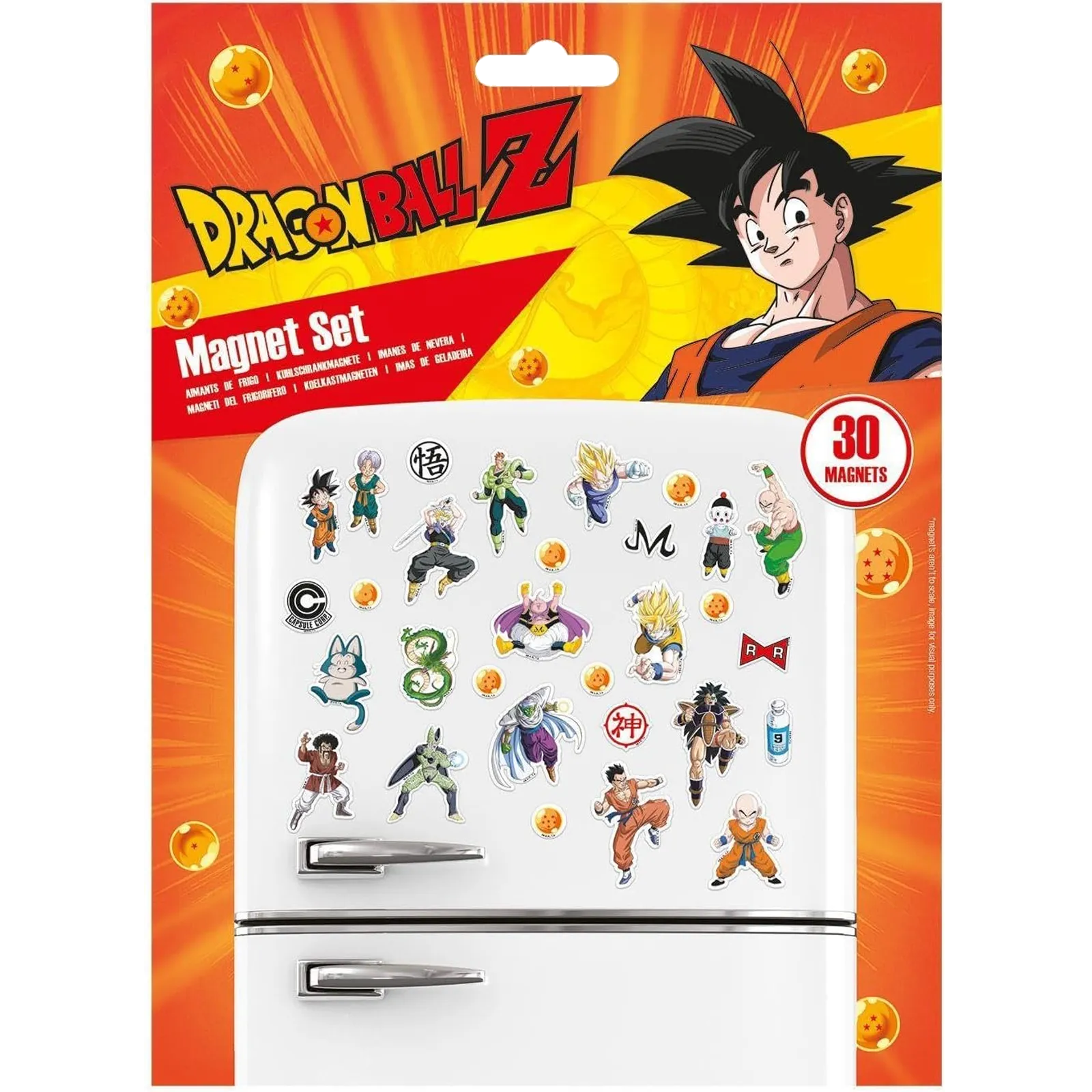 Set de 30 magnets Dragon Ball Z officiels avec Goku, Vegeta, Piccolo, Cell et Majin Buu – décoration frigo