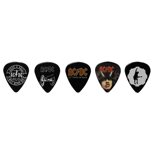 Set of assorted AC/DC guitar picks, decorated with various artwork