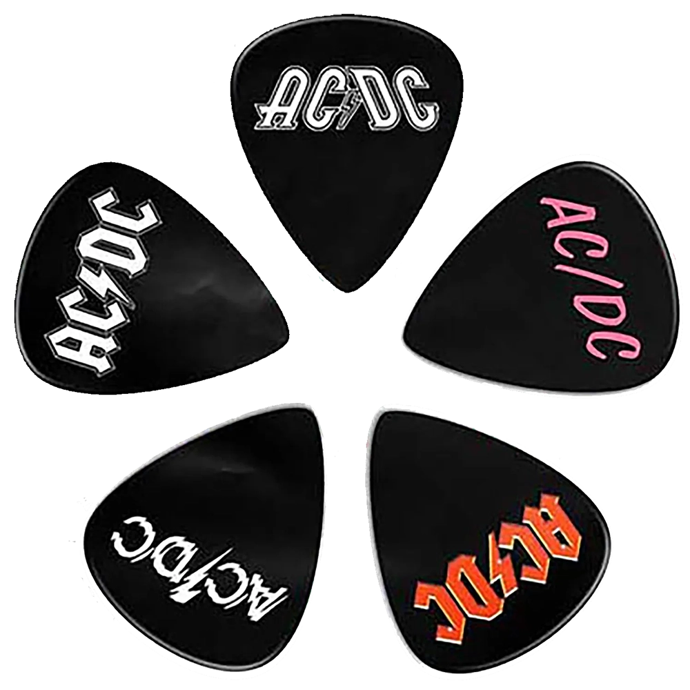 Ensemble de médiators AC/DC assortis, décorés aux logos de différentes époques