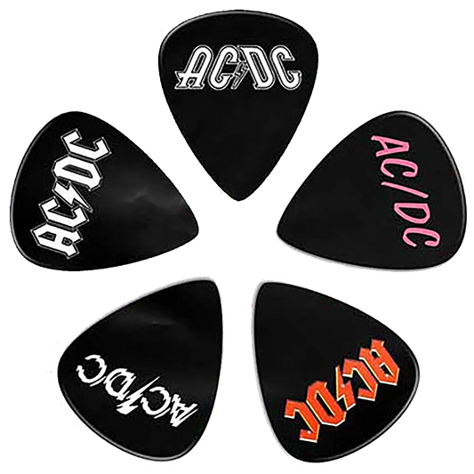 Set of assorted AC/DC guitar picks, decorated with logos from different eras