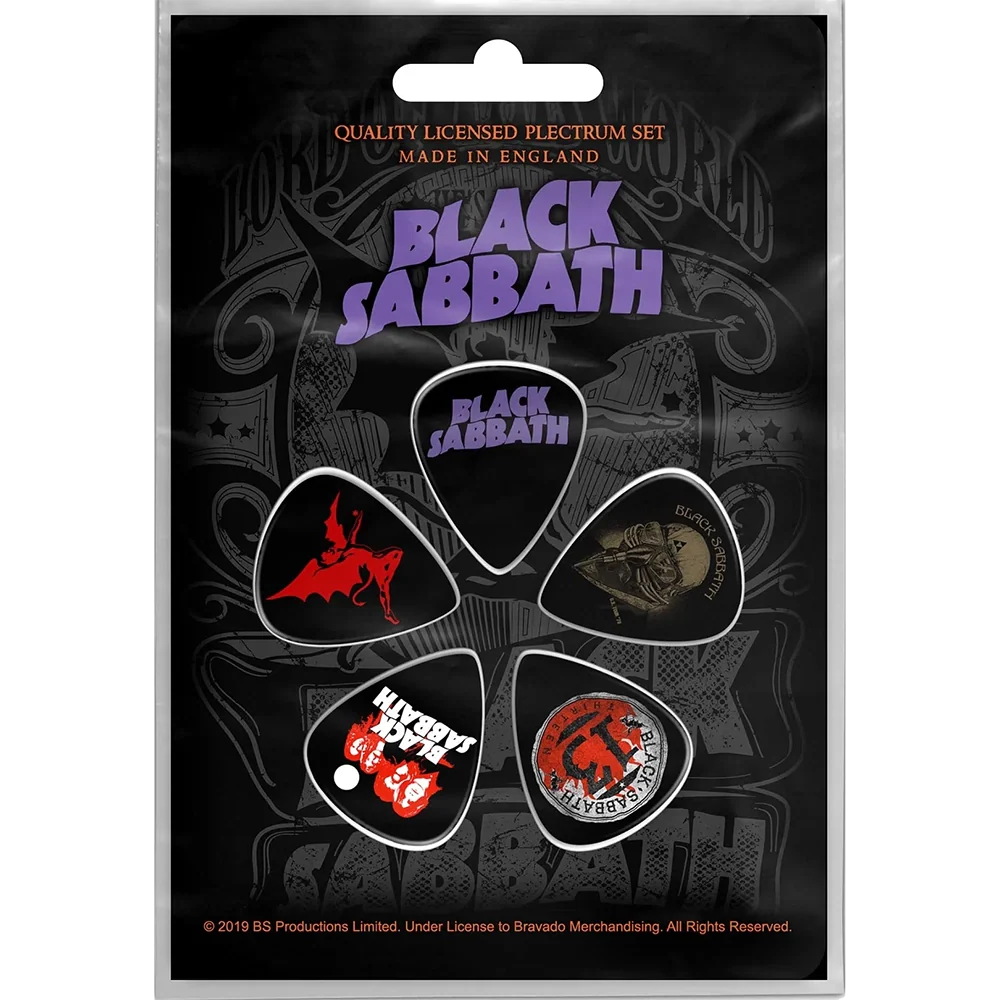 Set officiel de médiators Black Sabbath présenté sur carte blister 