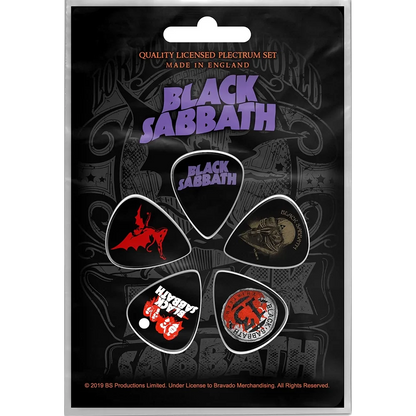 Set officiel de médiators Black Sabbath présenté sur carte blister 