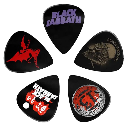 Set of assorted Black Sabbath guitar picks, decorated with various artwork