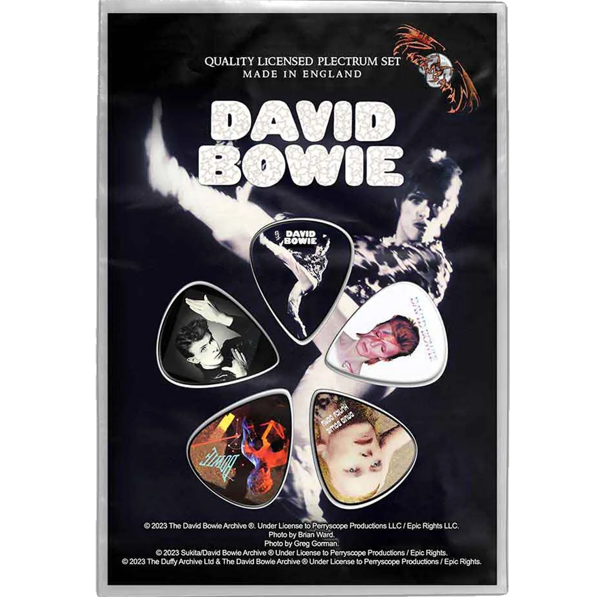 Set officiel de médiators David Bowie présenté sur carte blister