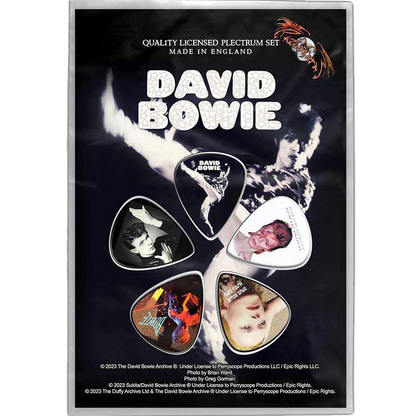 Set officiel de médiators David Bowie présenté sur carte blister