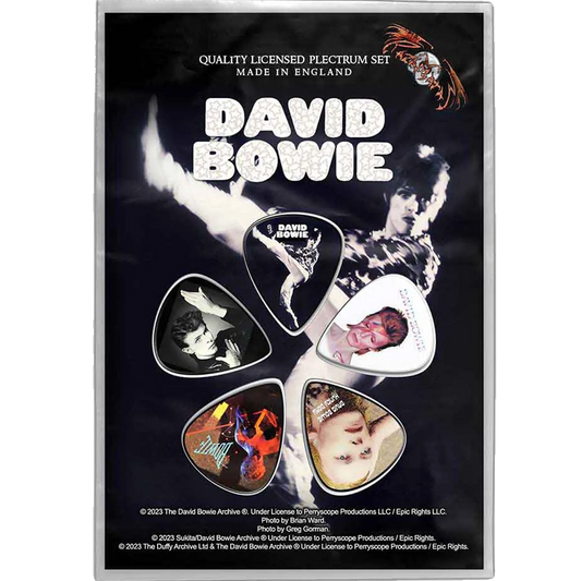 Set officiel de médiators David Bowie présenté sur carte blister