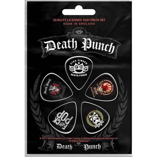 Set officiel de médiators Five Finger Death Punch présenté sur carte blister 