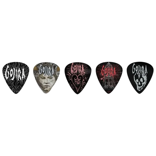 Set of assorted Gojira guitar picks, decorated with various artwork