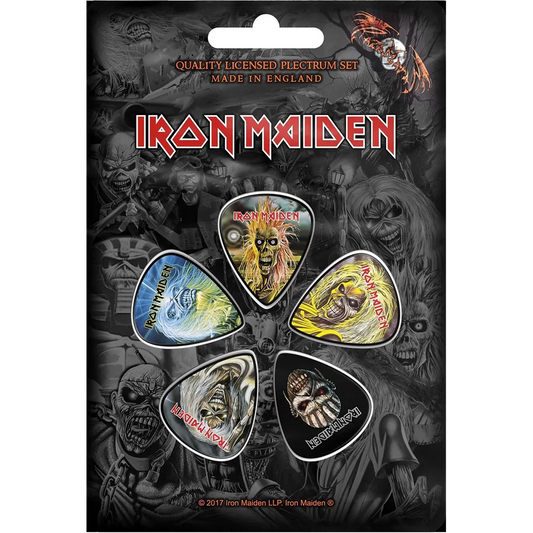 Set officiel de médiators Iron Maiden Book of Souls présenté sur carte blister 