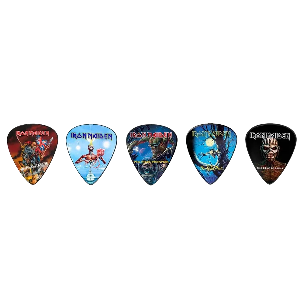 Set of assorted Iron Maiden guitar picks, decorated with various Fear of the Dark