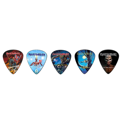 Set of assorted Iron Maiden guitar picks, decorated with various Fear of the Dark