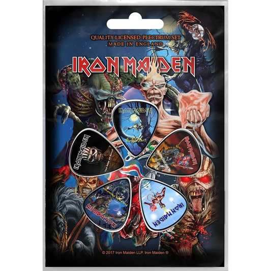 Set officiel de médiators Iron Maiden Fear of the Dark présenté sur carte blister 