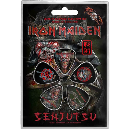 Set officiel de médiators Iron Maiden Senjutsu présenté sur carte blister