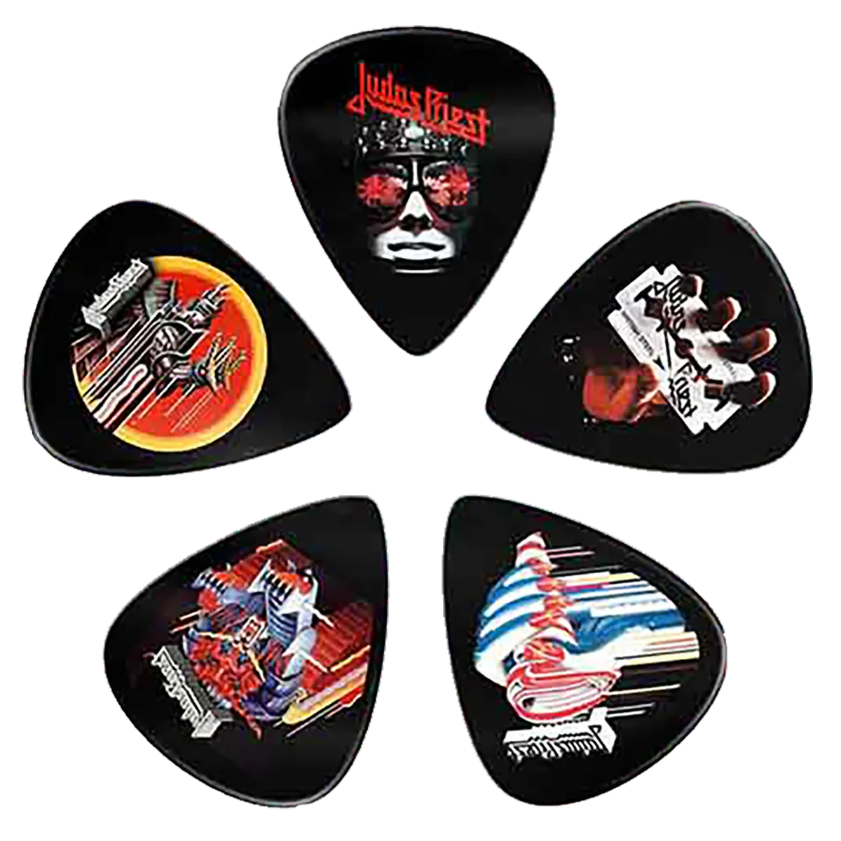 Assorted Judas Priest guitar pick set, decorated with various graphics
