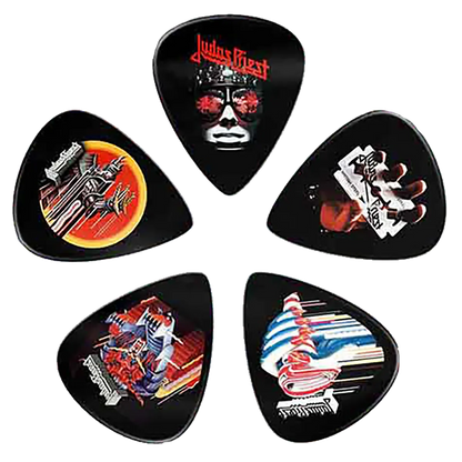 Assorted Judas Priest guitar pick set, decorated with various graphics