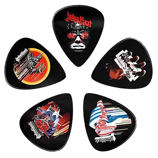 Assorted Judas Priest guitar pick set, decorated with various graphics