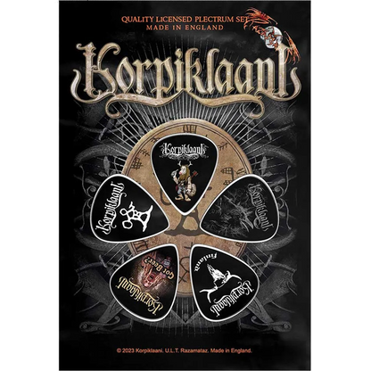 Set officiel de médiators Korpiklaani présenté sur carte blister