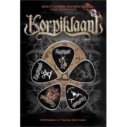 Set officiel de médiators Korpiklaani présenté sur carte blister